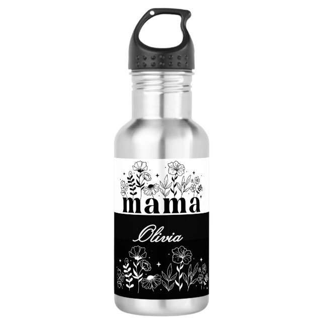 Botella De Agua Mamá Flor Silvestre Minimalista en Blanco y Negro  (Anverso)
