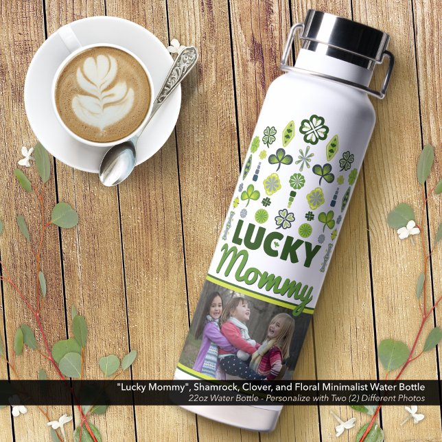 Botella De Agua "Mami afortunada" Shamrock Clover Floral Photo ("Lucky Mommy" Shamrock, Clover, and Floral Water Bottle: Personalize with Two (2) Photos.)