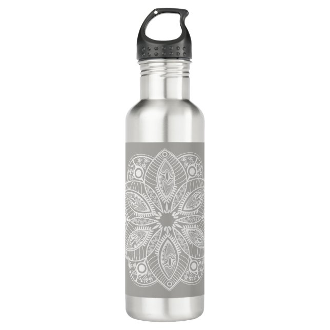 Botella De Agua Mandala blanca exótica con fondo gris (Anverso)