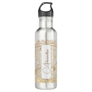 Botella De Agua Mandala con estrellas de oro en blanco personaliza