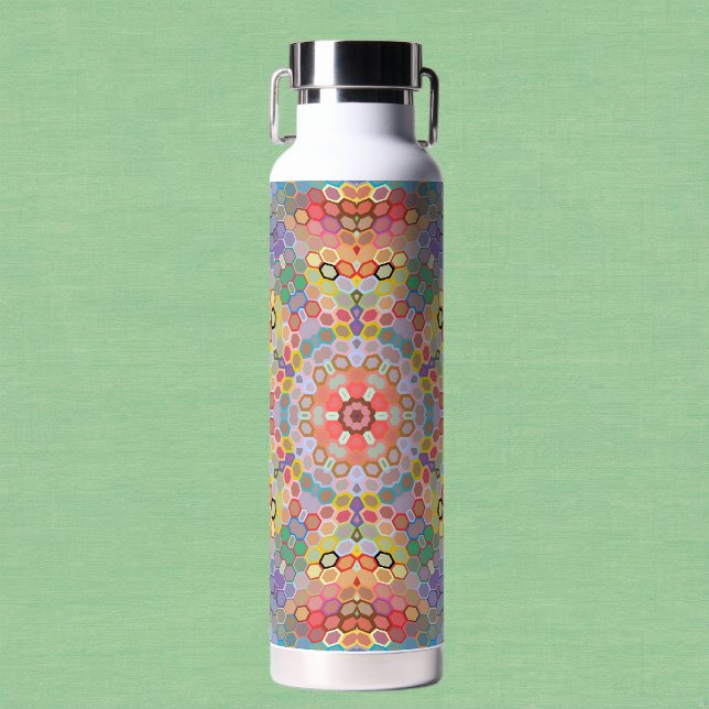 Botella De Agua Mandalá Hexagonal Arcoíris (Rainbow Hexagon Mandala Water Bottle by Wormhole Orbital)