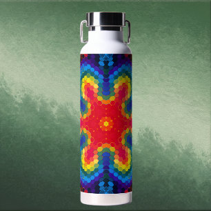 Botella De Agua Mandalá Hexagonal Rojo Amarillo y Azul