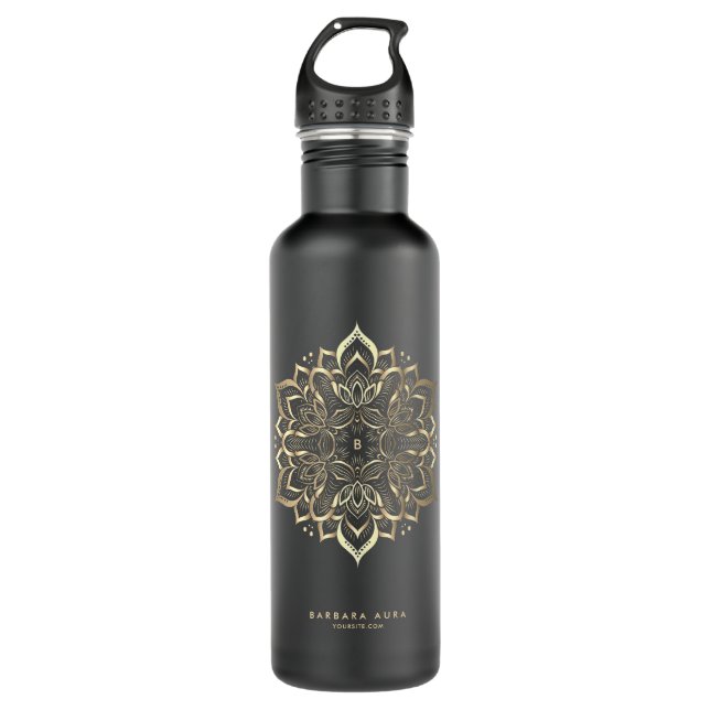 Botella De Agua Mandala moderna Boho Lotus Black Gold (Anverso)