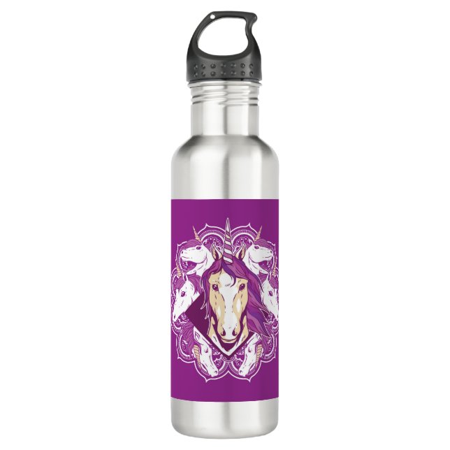 Botella De Agua Mandala morada unicornio (Anverso)