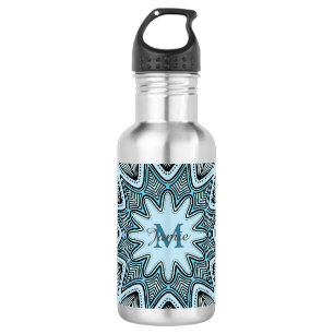 Botella De Agua Mandala Personalizado con Monograma Azul Ornamenta