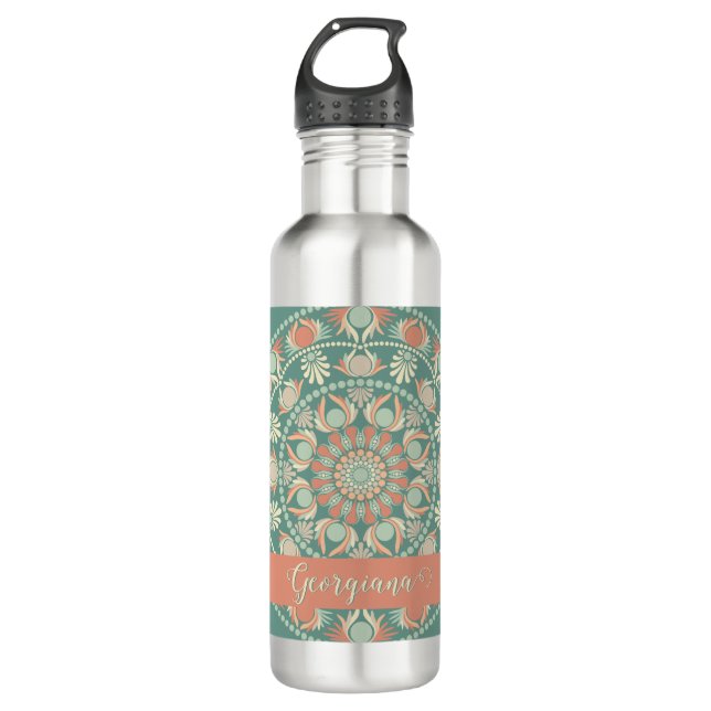 Botella De Agua Mandala y sabio retro ornato personalizado (Anverso)