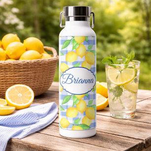 Botella De Agua Manta a Cuadros Azules Limón Nombre Estilo Picnic