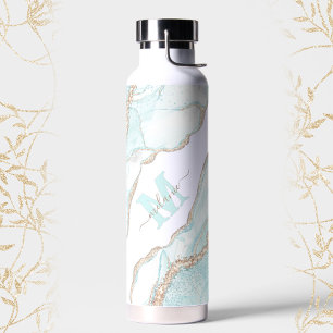 Botella De Agua Marble Agate Geode light Blue Gold Monograma moder
