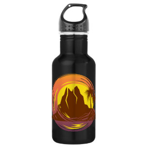 Botella De Agua Margen con el paisaje volcánico tropical y palmera