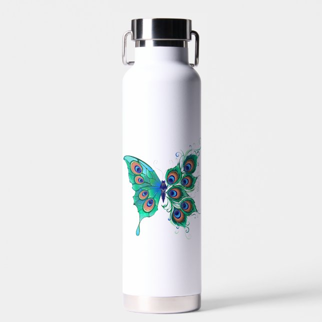 Botella De Agua Mariposa con plumas de pavo real verde (Delantero)