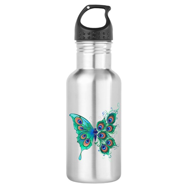 Botella De Agua Mariposa con plumas de pavo real verde (Anverso)