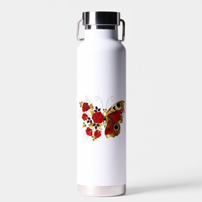 Botella De Agua Mariposa de flor roja con rosas rojas (Delantero)