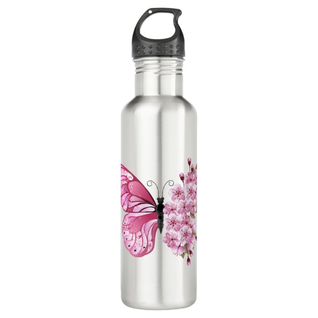 Botella De Agua Mariposa de flores con Sakura rosa (Anverso)
