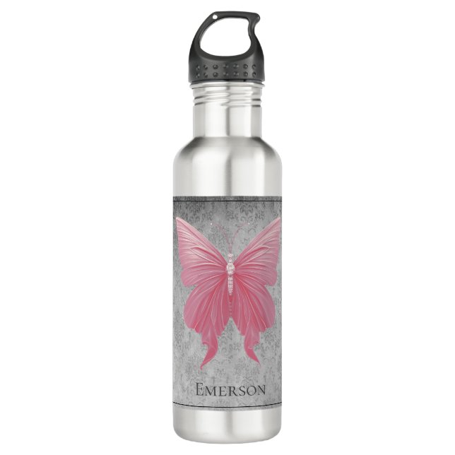Botella De Agua Mariposa de guijarro rosa (Anverso)