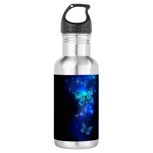 Botella De Agua Mariposa morfo en el fondo oscuro (Anverso)