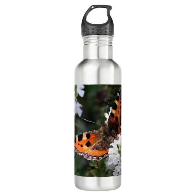 Botella De Agua Mariposa naranja y flores blancas (Anverso)