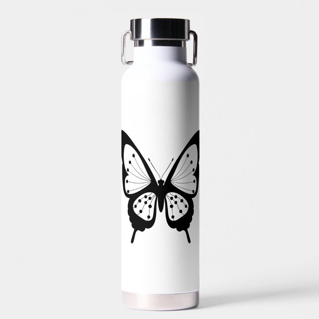 Botella De Agua Mariposa negra (A sleek, modern water bottle featuring a striking black butterfly design on a white background.)