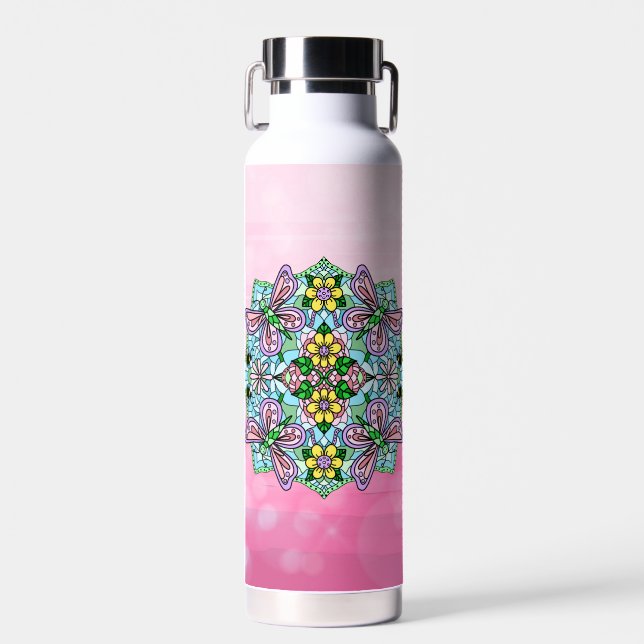 Botella De Agua Mariposa rosa Mandala Mano caprichosa (Delantero)