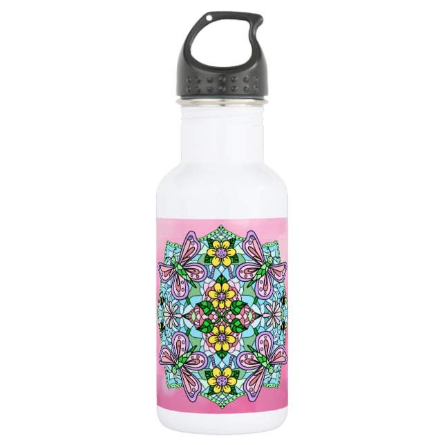 Botella De Agua Mariposa rosa Mandala Mano caprichosa (Anverso)