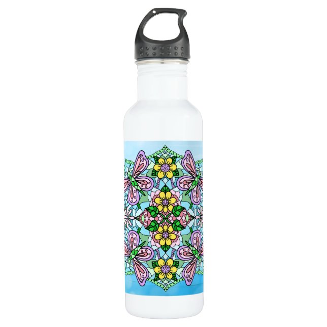 Botella De Agua Mariposa rosa Mandala Mano caprichosa (Anverso)