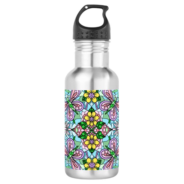 Botella De Agua Mariposa rosa Mandala Mano caprichosa (Anverso)