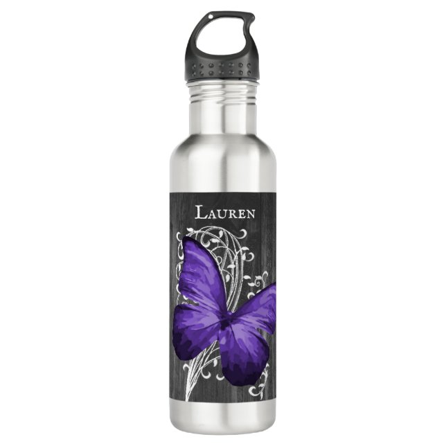 Botella De Agua Mariposa Rustica Púrpura Personalizada (Anverso)