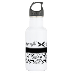 Botella De Agua Mariposa victoriana floreciente blanco negro