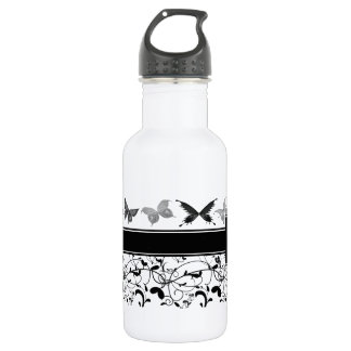 Botella De Agua Mariposa victoriana floreciente blanco negro