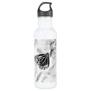 Botella De Agua Mariposa vintage en flor - Negro y blanco