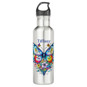Botella De Agua Mariposa y Corazón floral personalizada