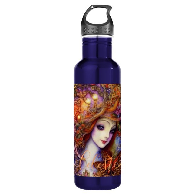 Botella De Agua Mariposa Y Diosa De Jardín En Blues Acuáticos C (Anverso)