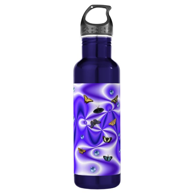 Botella De Agua Mariposa y Perlas en seda morada (Anverso)