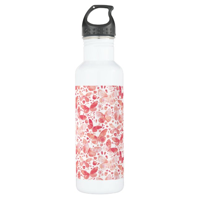 Botella De Agua Mariposas Acuarela Coral Rosa (Anverso)