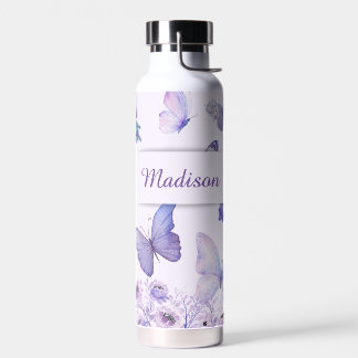 Botella De Agua Mariposas Acuarela Jardin Flores Lilas