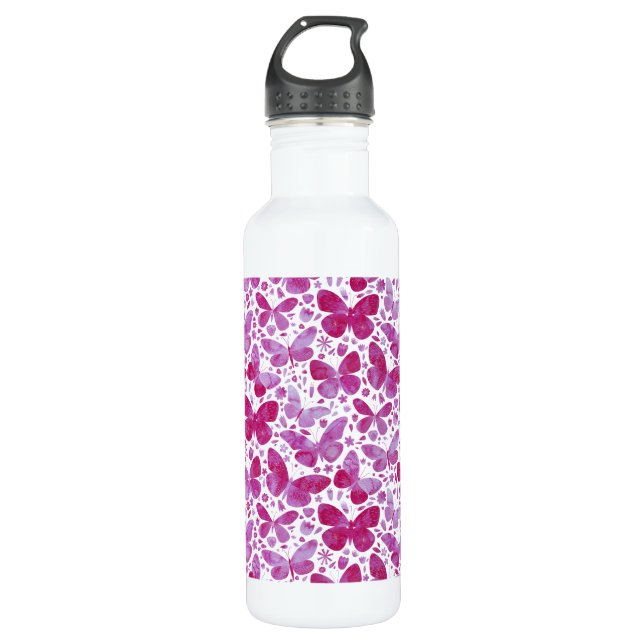 Botella De Agua Mariposas Acuarela Magenta Rosa (Anverso)