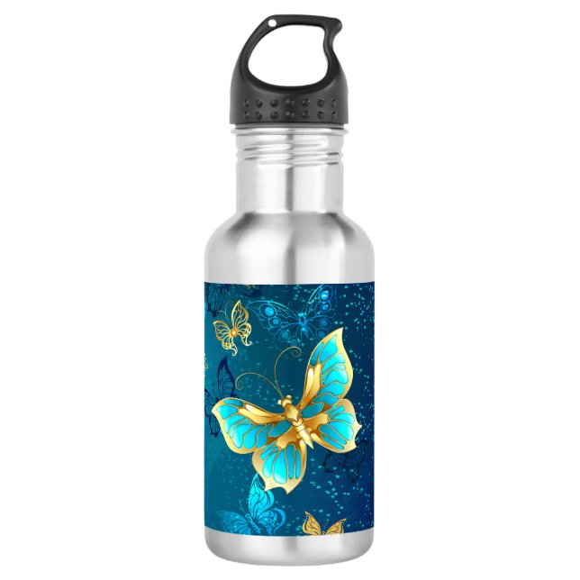 Botella De Agua Mariposas doradas sobre fondo azul (Anverso)