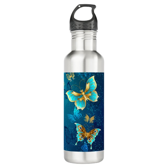 Botella De Agua Mariposas doradas sobre fondo azul (Anverso)