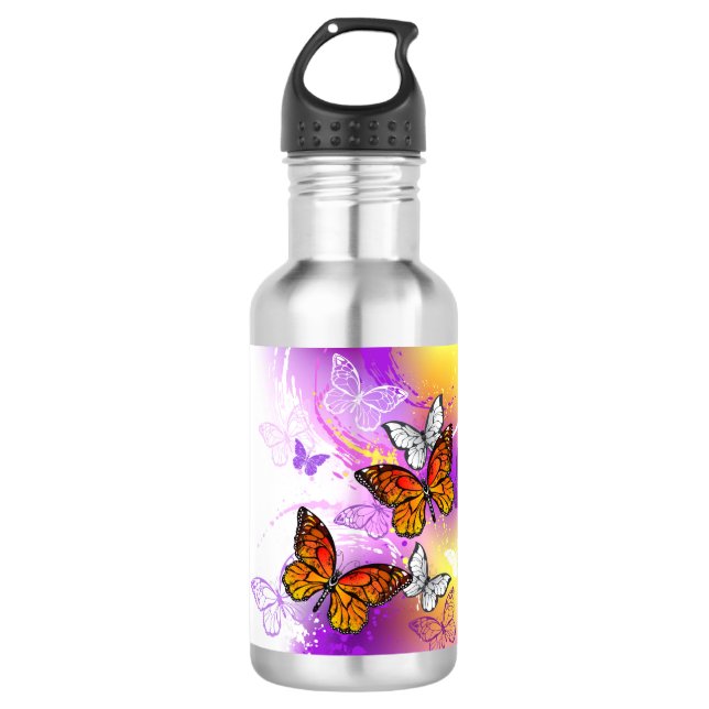 Botella De Agua Mariposas monarcas en fondo morado (Anverso)