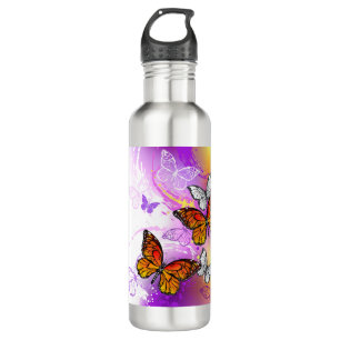 Botella De Agua Mariposas monarcas en fondo morado
