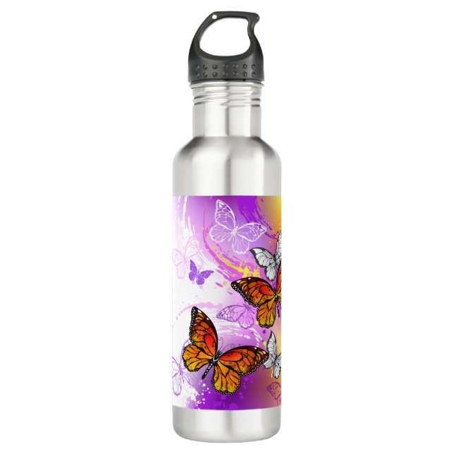 Botella De Agua Mariposas monarcas en fondo morado (Anverso)