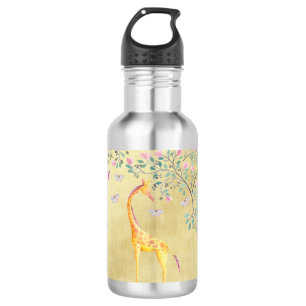 Botella De Agua Mariposas y flor de la jirafa de la acuarela