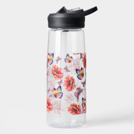 Botella De Agua Mariposas y flores de amapola