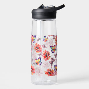 Botella De Agua Mariposas y flores de amapola
