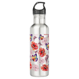 Botella De Agua Mariposas y flores de amapola