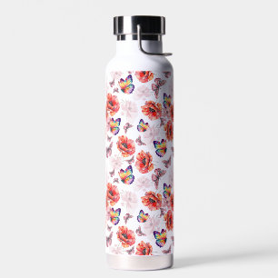 Botella De Agua Mariposas y flores de amapola