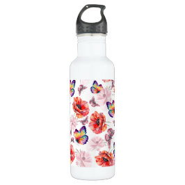 Botella De Agua Mariposas y flores de amapola