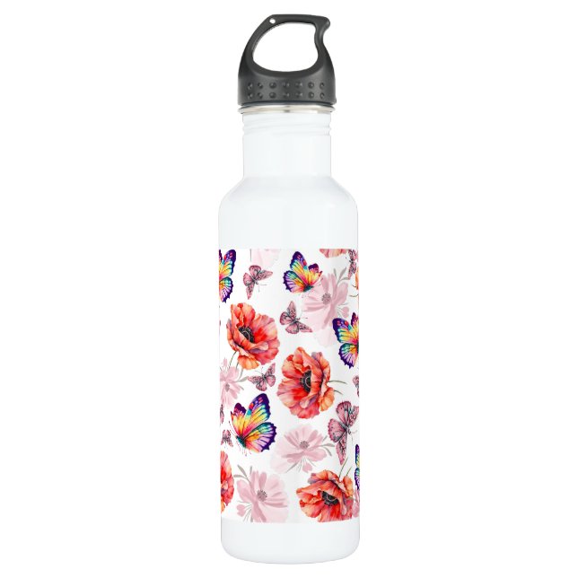 Botella De Agua Mariposas y flores de amapola (Anverso)