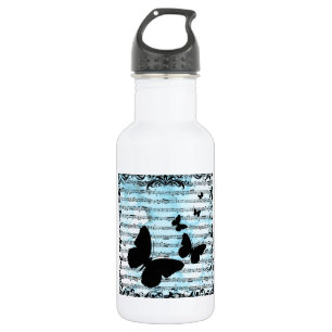 Botella De Agua Mariposas y notas azules