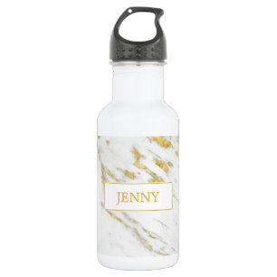 Botella De Agua Mármol Blanco Monogramado Con Purpurina De Oro