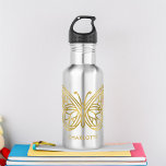 Botella De Agua Mármol blanco y mariposa geométrica de oro<br><div class="desc">Mármol blanco moderno y de moda y diseño geométrico de mariposa de Relieve metalizado dorado impreso.</div>